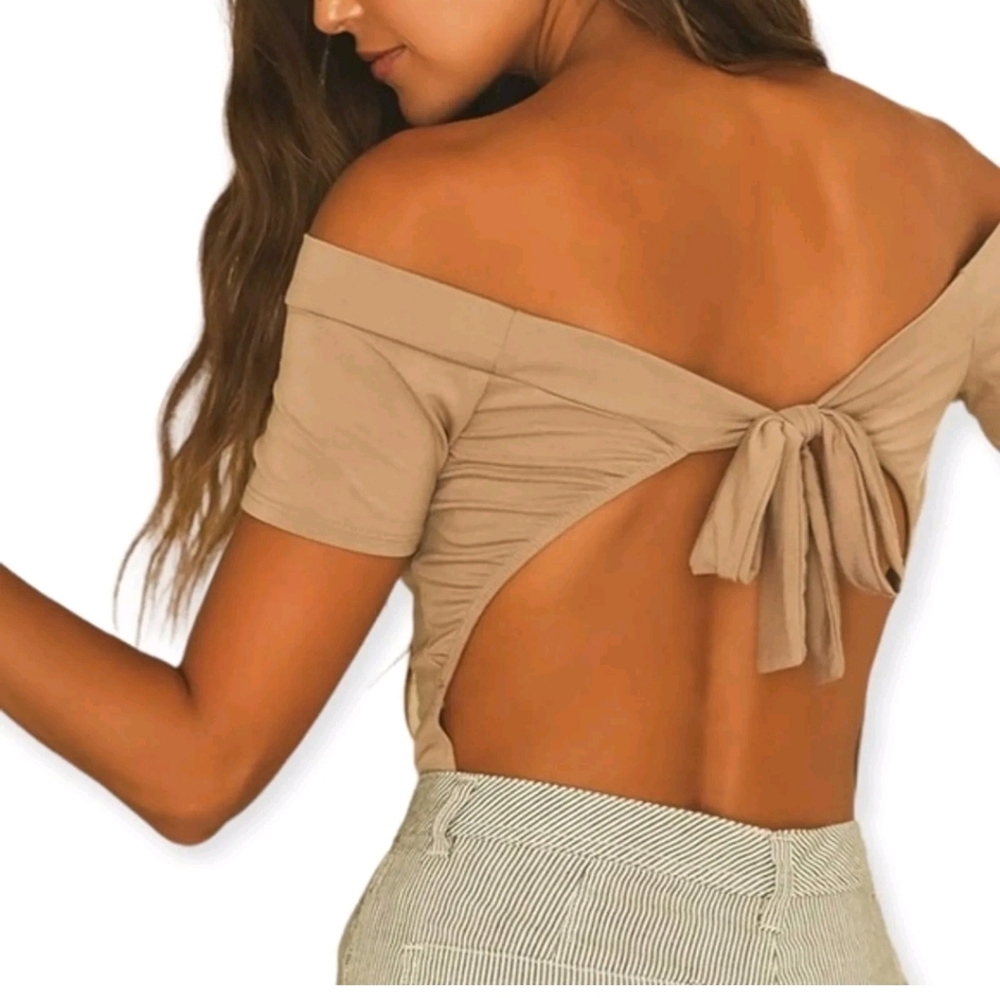 Lulus back again taupe tie back off shoulder bodysuit Xlarge